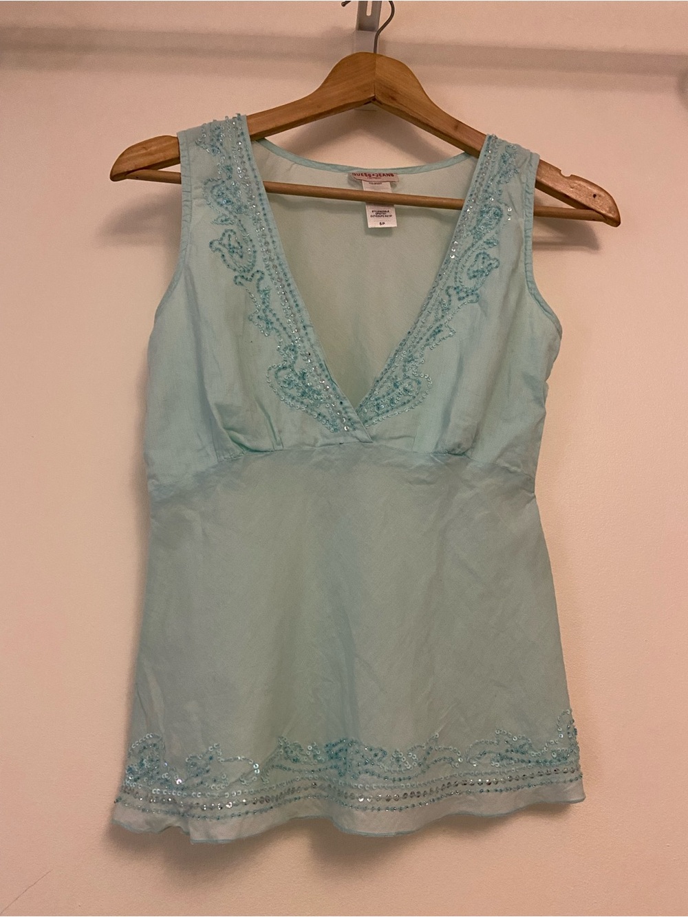 Guess Light Blue Beaded V-Neck Chemise Top